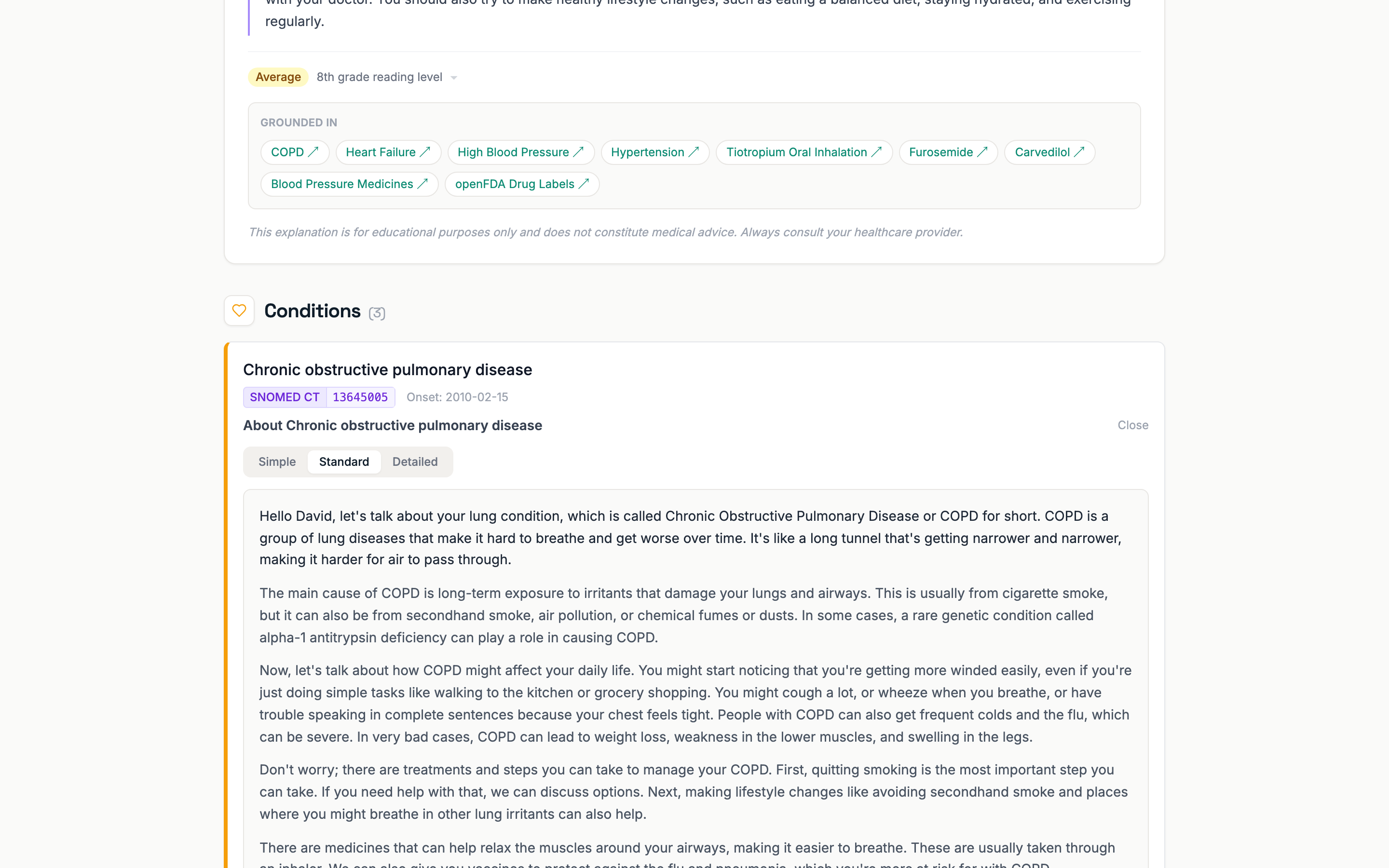 A generated explanation with citations and a measured reading level