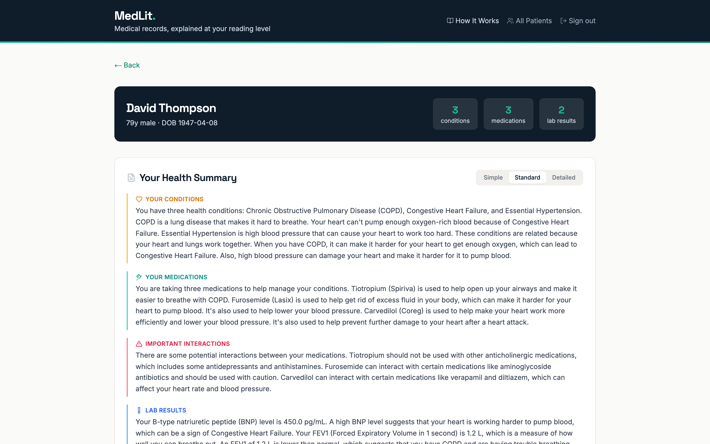 Patient detail with coded conditions and a structured summary